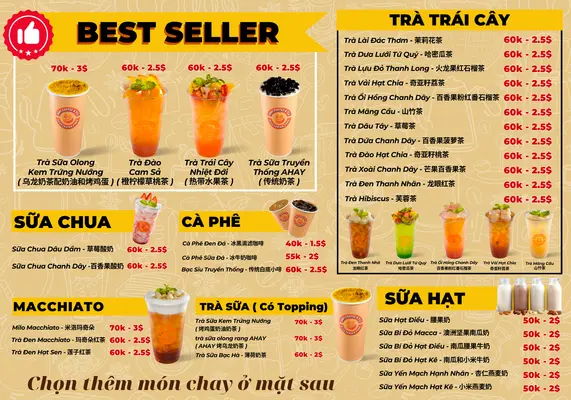Menu trà trái cây, sữa chua, cà phê, macchiato, sữa hạt