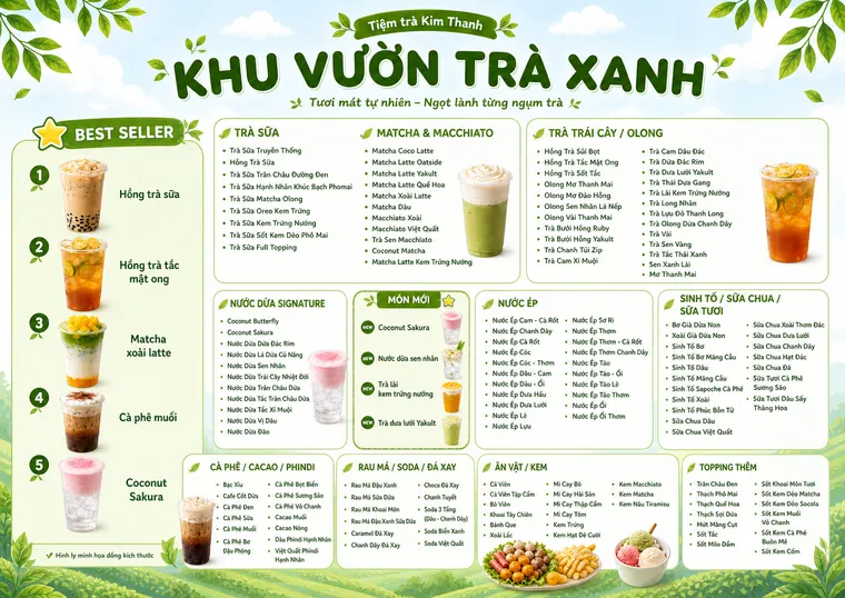 Menu thành phẩm Khu vườn trà xanh: trà sữa, matcha, trà trái cây, nước ép, sinh tố