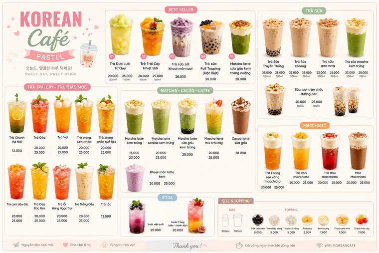 Menu thành phẩm Korean Café: trà trái cây, matcha, macchiato, soda