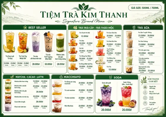 Menu Tiệm trà Kim Thanh: trà trái cây, trà sữa, matcha, macchiato, soda