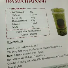 Trang công thức Trà sữa Thái xanh ghi rõ định lượng
