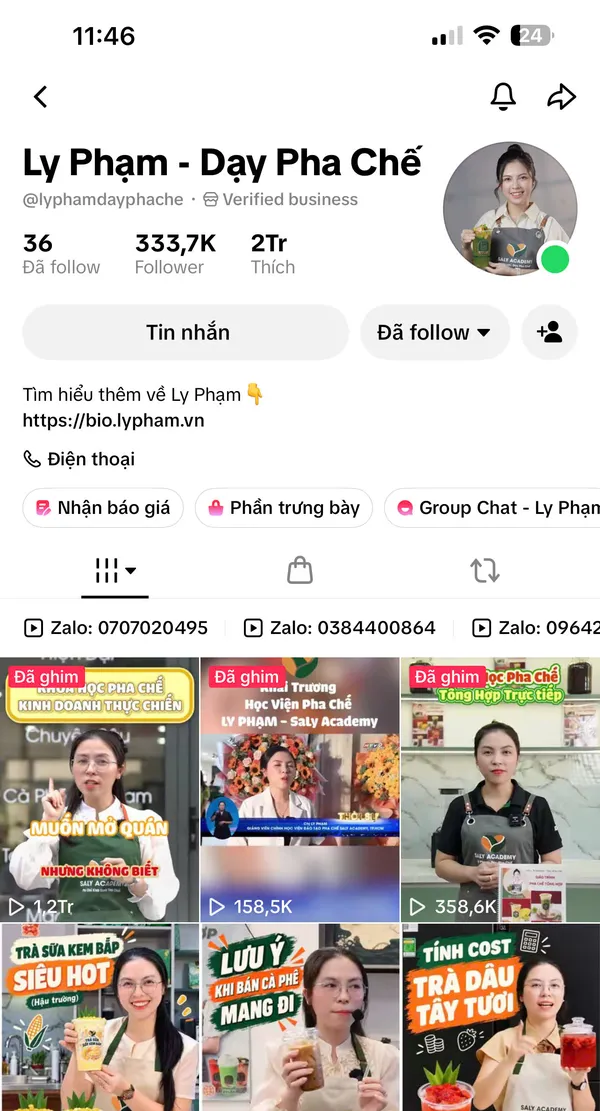 Kênh TikTok Ly Phạm - Dạy Pha Chế: 333,7K người theo dõi