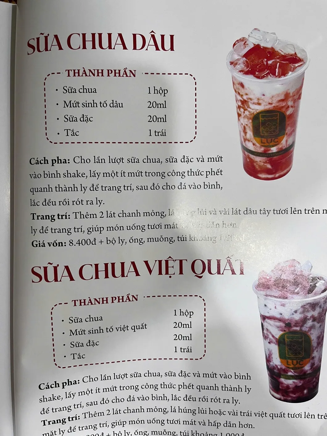 Trang công thức Sữa chua dâu và Sữa chua việt quất: bảng thành phần, cách pha và giá vốn