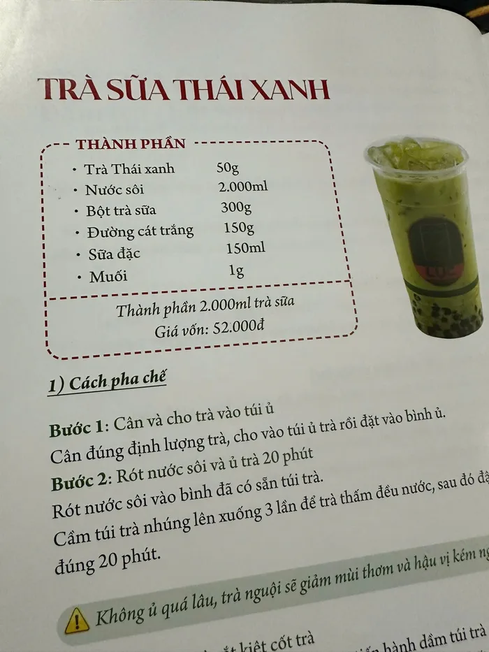 Trang công thức Trà sữa Thái xanh: định lượng nguyên liệu và hai bước pha chế