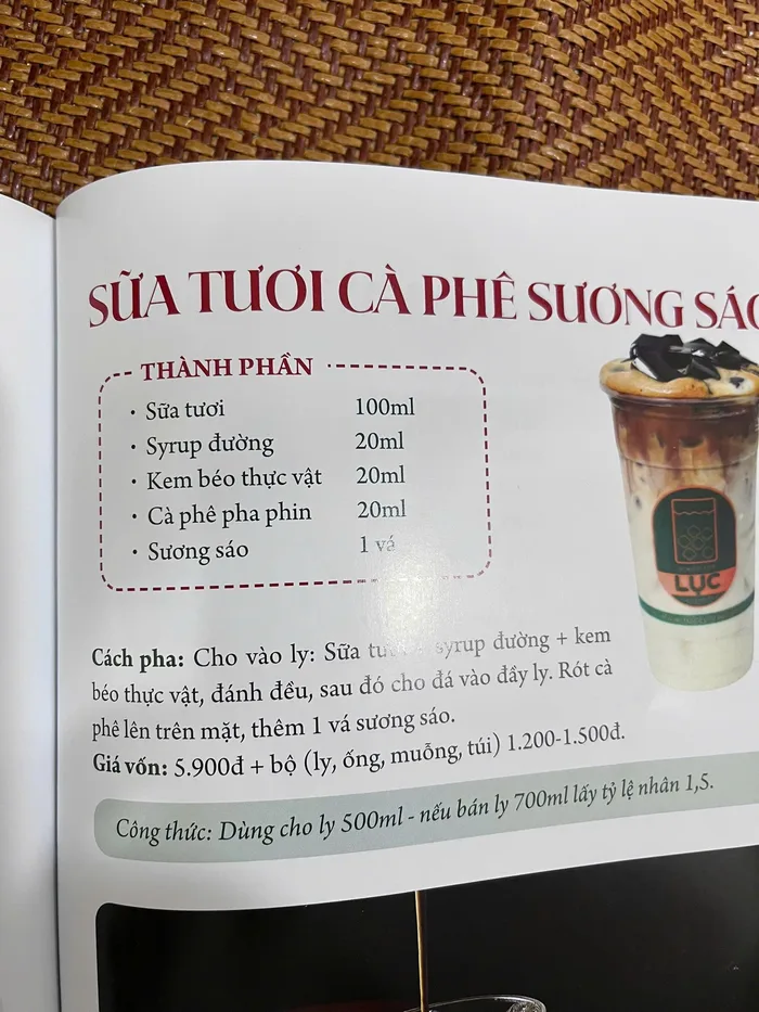 Trang công thức Sữa tươi cà phê sương sáo: thành phần, cách pha và giá vốn từng ly
